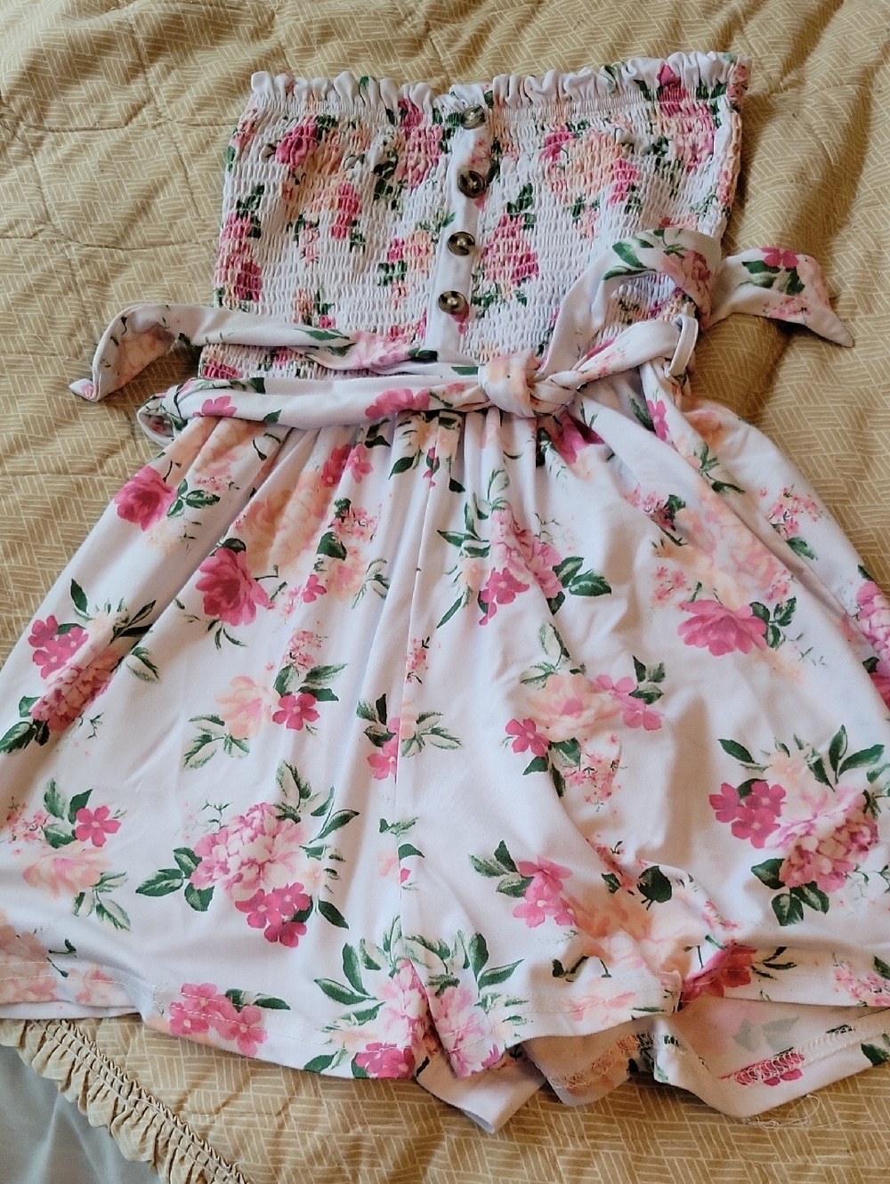 Smocked Strapless Floral Romper - Pink Floral